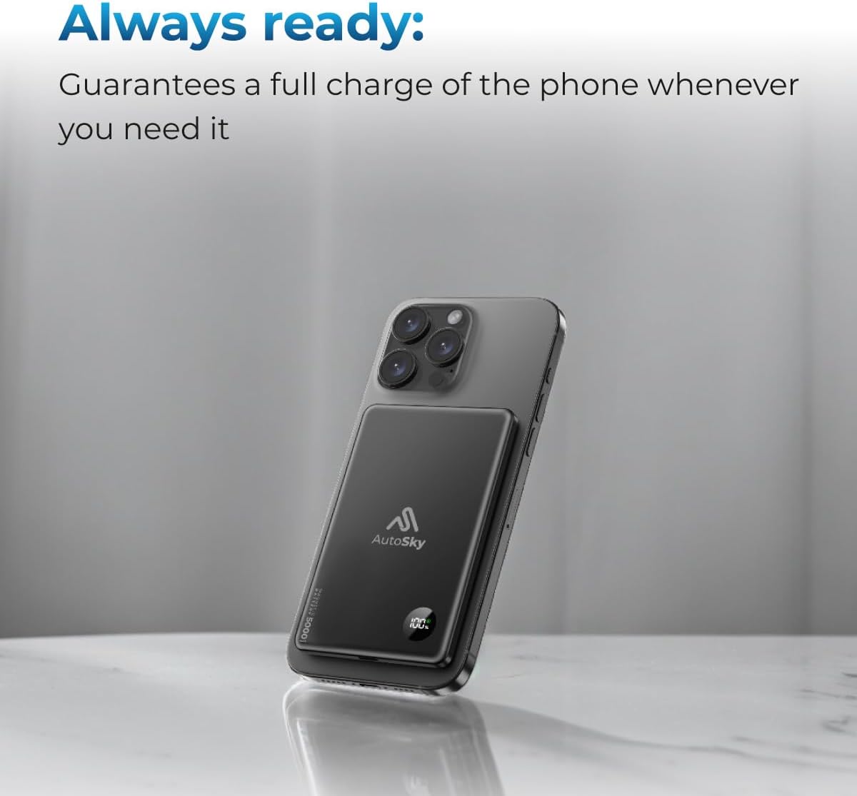 AutoSky Magnetische Powerbank 5000mAh | Kabellos & USB-C | LED Display