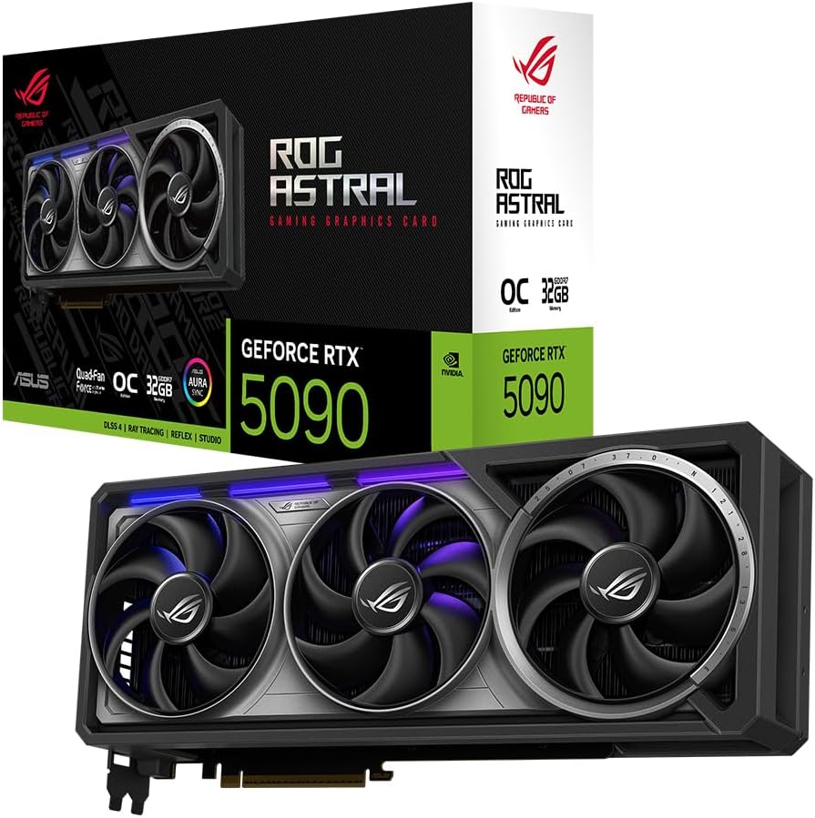 ASUS ROG Astral GeForce RTX 5090 32GB GDDR7 OC Edition Gaming Grafikkarte (Nvidia GeForce RTX5090, Vier Lüfter, 3.8-Slot-Design, PCIe 5.0, 2X HDMI 2.1b, 3X DisplayPort 2.1a)