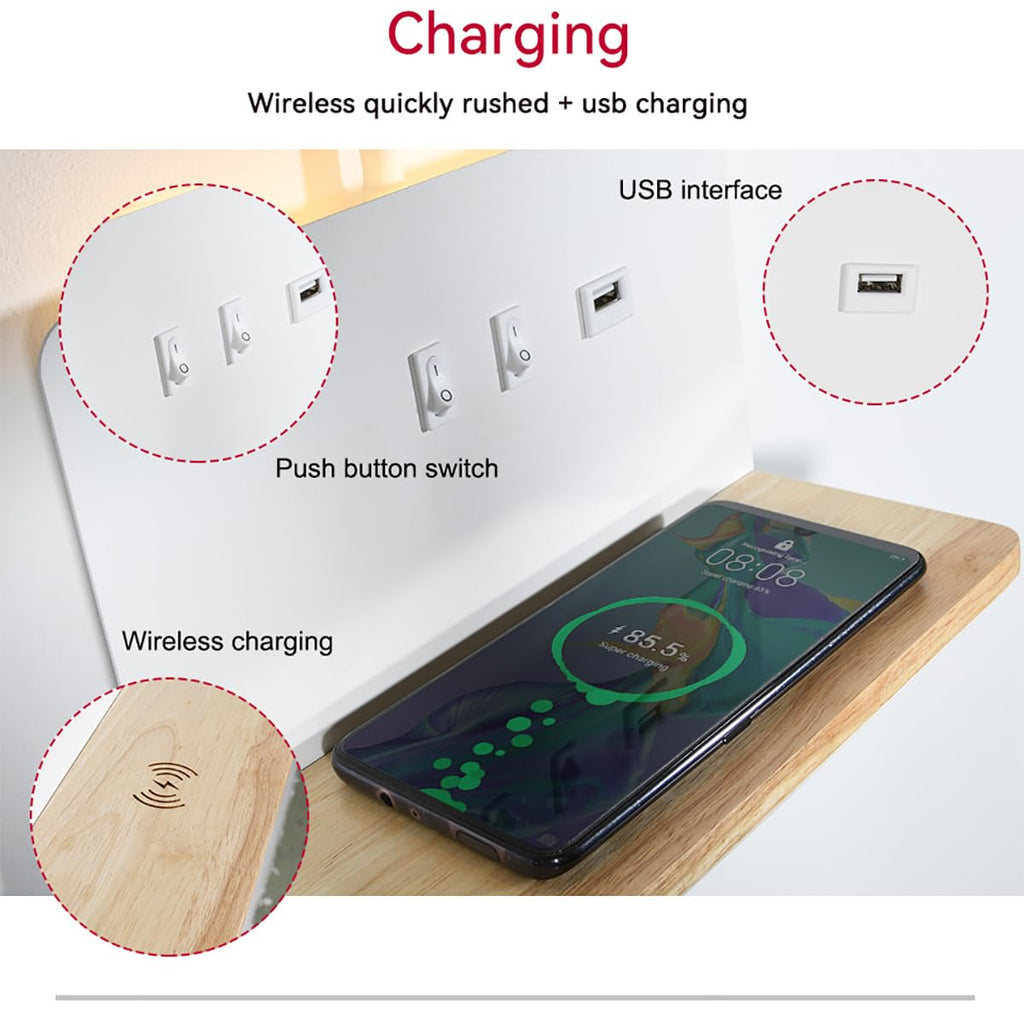 Weiß LED Innen Wandleuchte mit Stecker, Schlafzimmer Wandlampe mit USB-AnschlüSse und 10W Wireless Charger, Verstellbare und Flexible Schwanenhals Leselampe, 3000K Bettlampe mit Hintergrundbeleuchtung