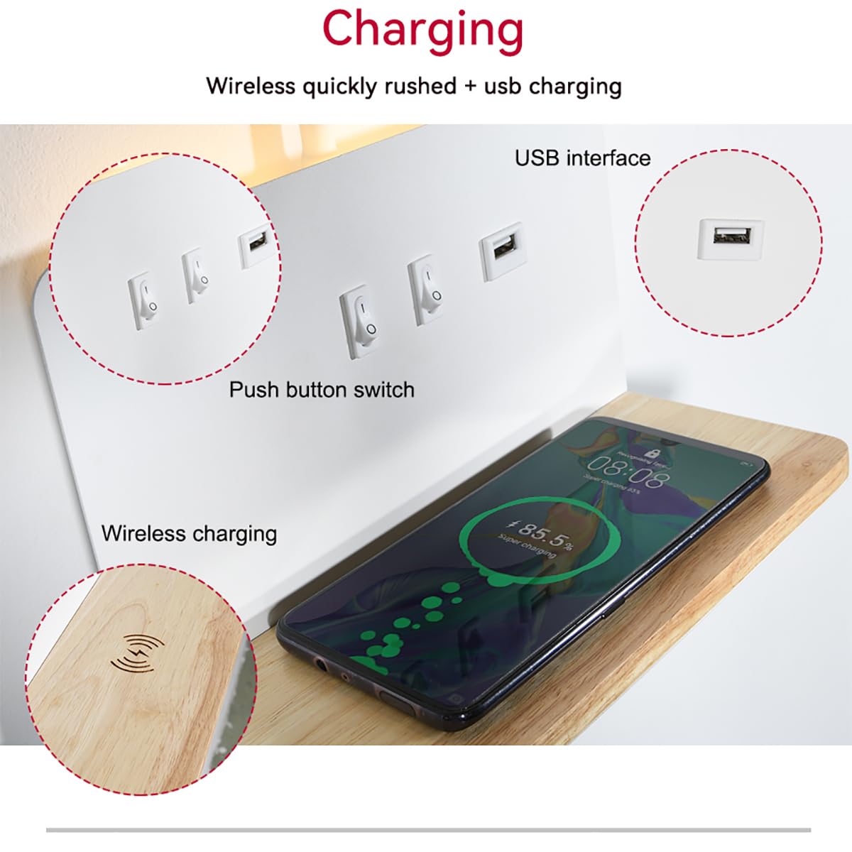 Weiß LED Innen Wandleuchte mit Stecker, Schlafzimmer Wandlampe mit USB-AnschlüSse und 10W Wireless Charger, Verstellbare und Flexible Schwanenhals Leselampe, 3000K Bettlampe mit Hintergrundbeleuchtung