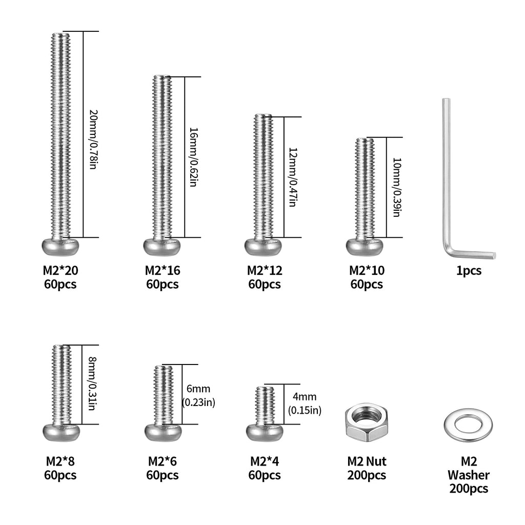 410 Stück M2 Senkkopf-Innensechskantschrauben, 10,9-Kohlenstoffstahl Vollgewinde-Maschinenschrauben, Muttern und Unterlegscheiben Sortiment mit Inbusschlüsseln