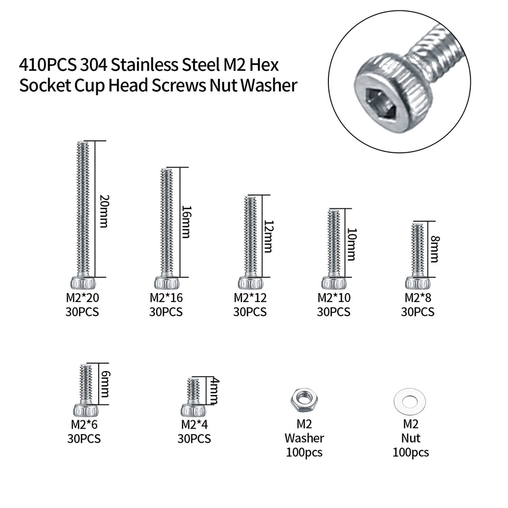 410 Stück M2 Senkkopf-Innensechskantschrauben, 10,9-Kohlenstoffstahl Vollgewinde-Maschinenschrauben, Muttern und Unterlegscheiben Sortiment mit Inbusschlüsseln