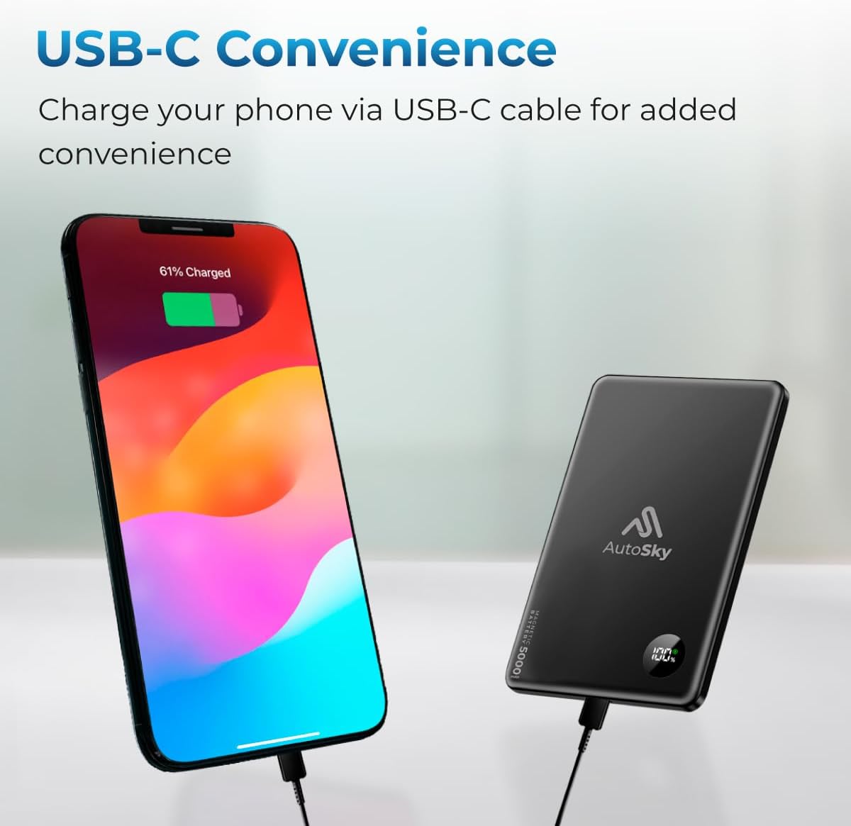 AutoSky Magnetische Powerbank 5000mAh | Kabellos & USB-C | LED Display