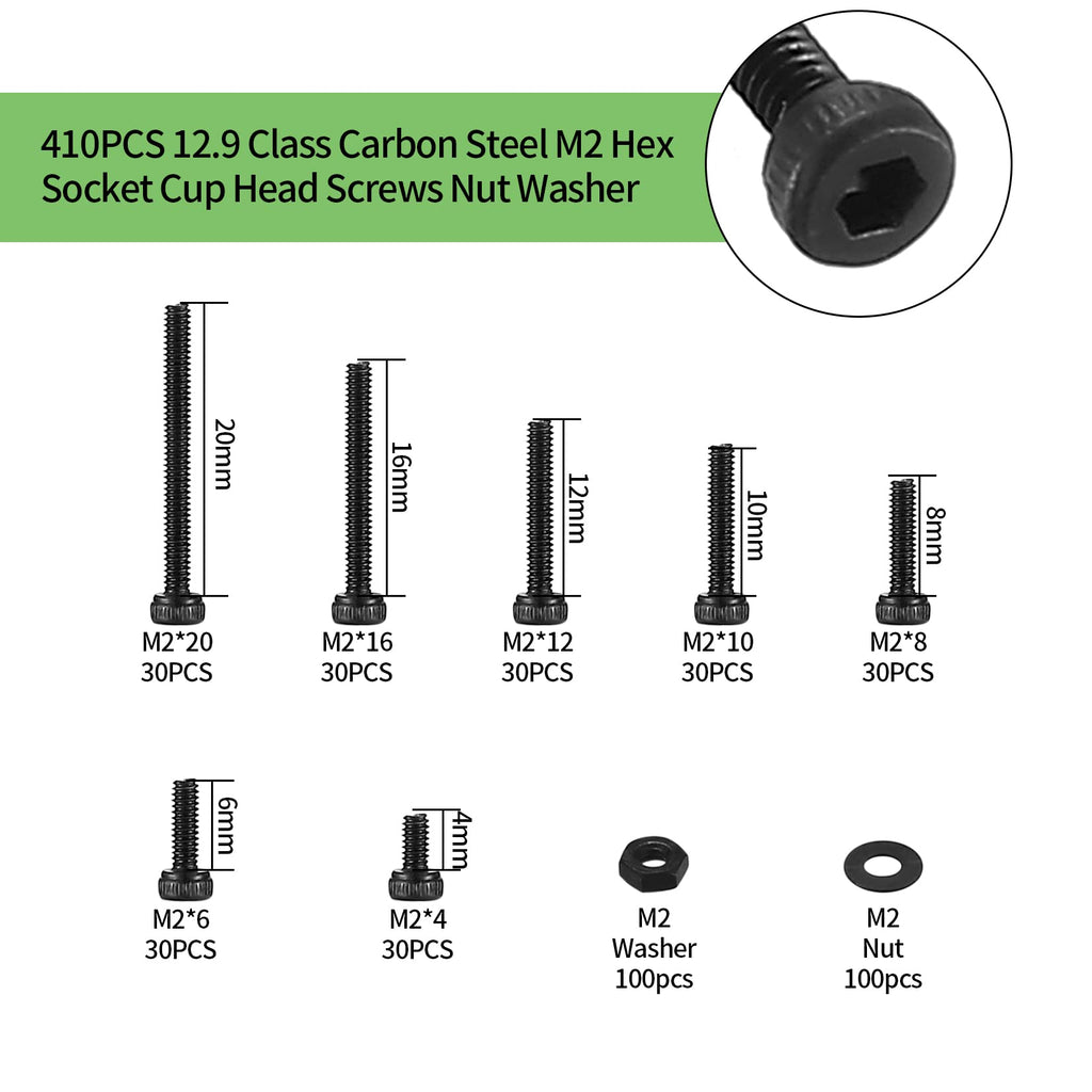 410 Stück M2 Senkkopf-Innensechskantschrauben, 10,9-Kohlenstoffstahl Vollgewinde-Maschinenschrauben, Muttern und Unterlegscheiben Sortiment mit Inbusschlüsseln