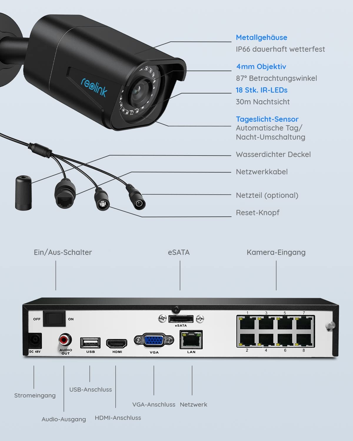 Reolink 4K Überwachungskamera Aussen Set, 8CH Videoüberwachung mit 4X 8MP PoE IP Kamera und 2TB HDD NVR für 24/7 Aufnahme Innen Outdoor, Personenerkennung und Fahrzeugerkennung, IP66, RLK8-800B4