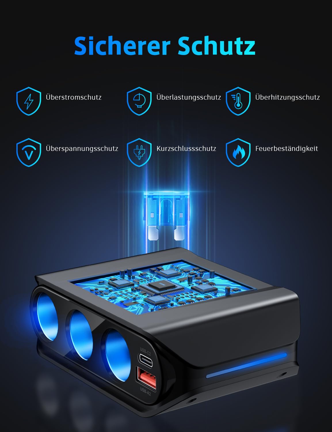 Zigarettenanzünder Verteiler 7 in 1, SONRU 180W Auto KFZ Ladegerät Adapter 12V/24V Stecker 3 Fach LED Voltmeter mit Separatem Schalter, Schnellladegerät 3 Steckdosen 4 USB Anschlüsse