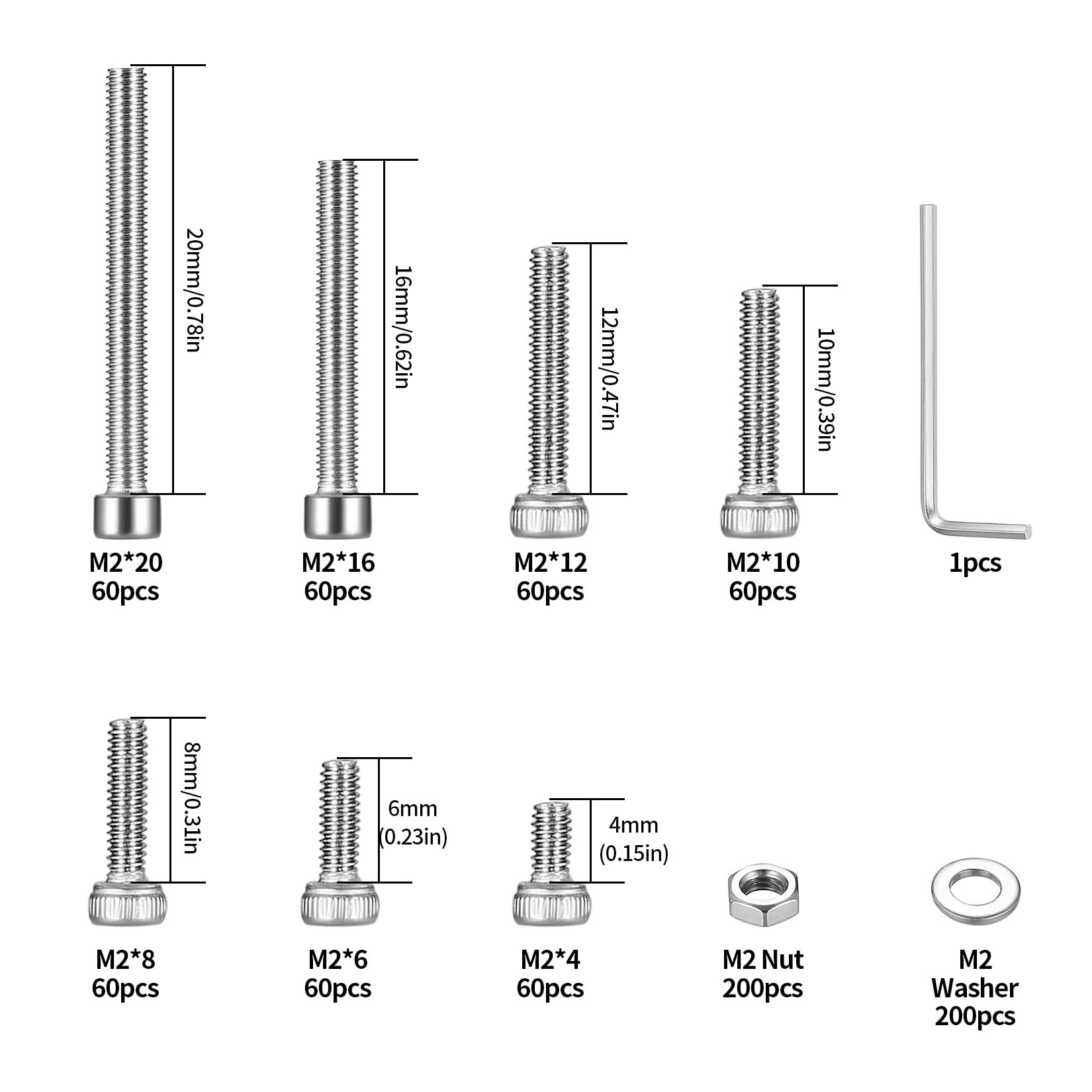 410 Stück M2 Senkkopf-Innensechskantschrauben, 10,9-Kohlenstoffstahl Vollgewinde-Maschinenschrauben, Muttern und Unterlegscheiben Sortiment mit Inbusschlüsseln