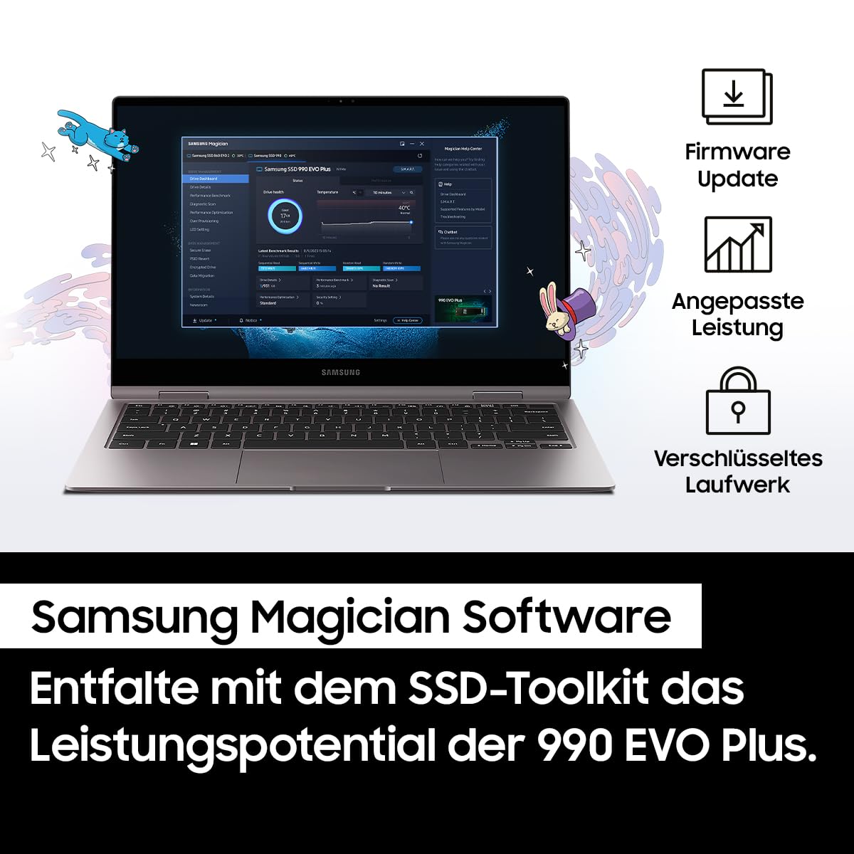 Samsung 990 EVO Plus NVMe M.2 SSD 1 TB, PCIe 4.0 x4 / PCIe 5.0 x2, NVMe 2.0 (2280), 7.150 MB/s Lesen, 6.300 MB/s Schreiben, Interne SSD für Gaming und Grafikbearbeitung, MZ-V9S1T0BW