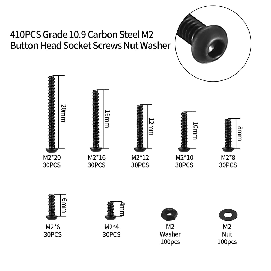 410 Stück M2 Senkkopf-Innensechskantschrauben, 10,9-Kohlenstoffstahl Vollgewinde-Maschinenschrauben, Muttern und Unterlegscheiben Sortiment mit Inbusschlüsseln