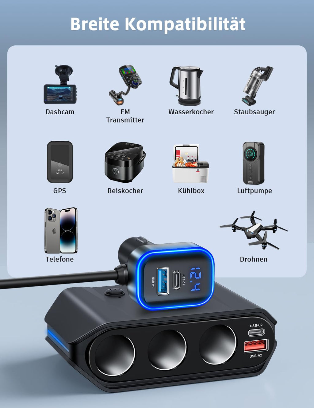 Zigarettenanzünder Verteiler 7 in 1, SONRU 180W Auto KFZ Ladegerät Adapter 12V/24V Stecker 3 Fach LED Voltmeter mit Separatem Schalter, Schnellladegerät 3 Steckdosen 4 USB Anschlüsse