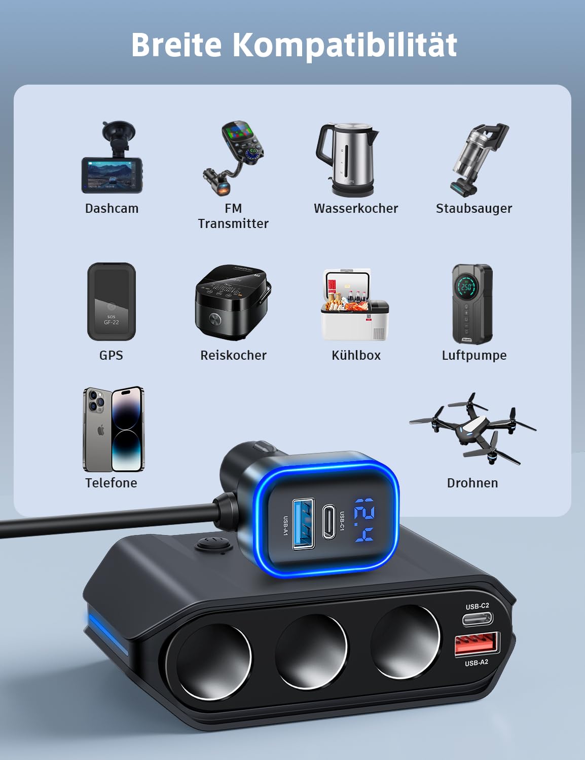 Zigarettenanzünder Verteiler 7 in 1, SONRU 180W Auto KFZ Ladegerät Adapter 12V/24V Stecker 3 Fach LED Voltmeter mit Separatem Schalter, Schnellladegerät 3 Steckdosen 4 USB Anschlüsse