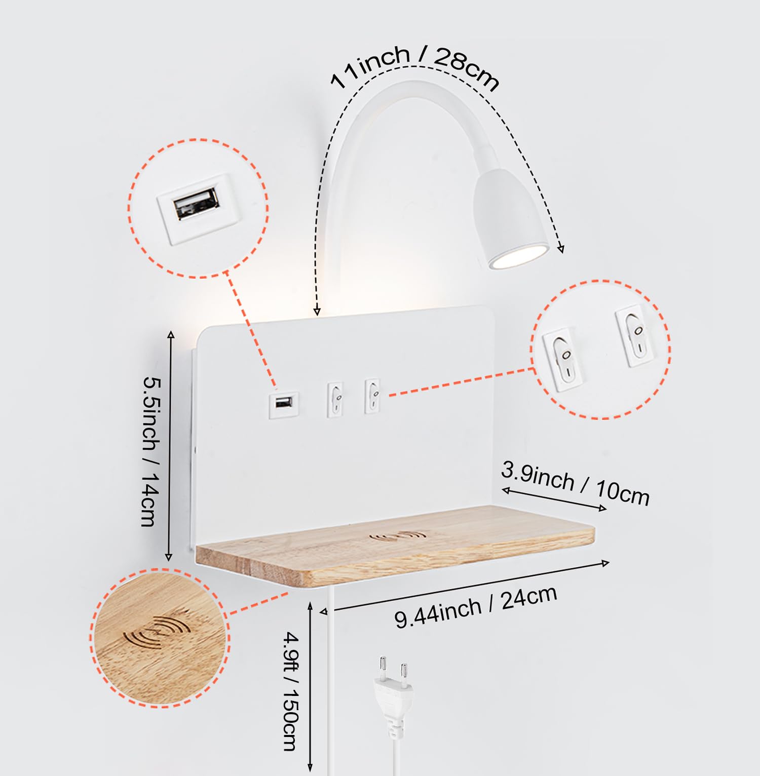 Weiß LED Innen Wandleuchte mit Stecker, Schlafzimmer Wandlampe mit USB-AnschlüSse und 10W Wireless Charger, Verstellbare und Flexible Schwanenhals Leselampe, 3000K Bettlampe mit Hintergrundbeleuchtung