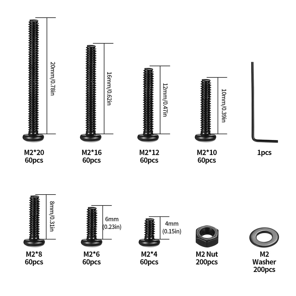 410 Stück M2 Senkkopf-Innensechskantschrauben, 10,9-Kohlenstoffstahl Vollgewinde-Maschinenschrauben, Muttern und Unterlegscheiben Sortiment mit Inbusschlüsseln