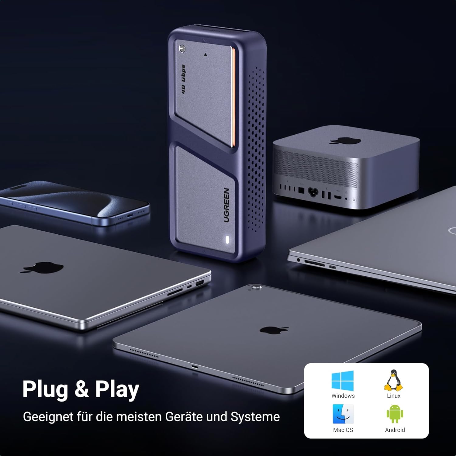 UGREEN USB 4 M2 Gehäuse, 40Gbps NVMe Gehäuse mit leistungsstarker Kühlleistung, USB M2 SSD Adapter für Datenspeicher, kompatibel mit MacBook Pro M4/M4 Pro und M4 Max, HP Celeron N4120, Mac mini M4