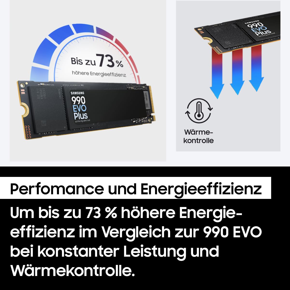 Samsung 990 EVO Plus NVMe M.2 SSD 1 TB, PCIe 4.0 x4 / PCIe 5.0 x2, NVMe 2.0 (2280), 7.150 MB/s Lesen, 6.300 MB/s Schreiben, Interne SSD für Gaming und Grafikbearbeitung, MZ-V9S1T0BW