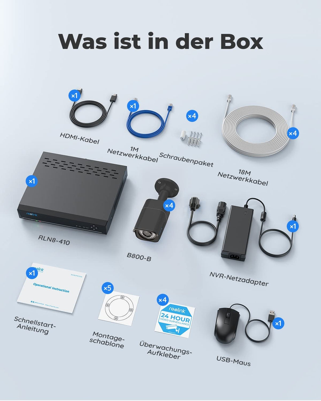 Reolink 4K Überwachungskamera Aussen Set, 8CH Videoüberwachung mit 4X 8MP PoE IP Kamera und 2TB HDD NVR für 24/7 Aufnahme Innen Outdoor, Personenerkennung und Fahrzeugerkennung, IP66, RLK8-800B4