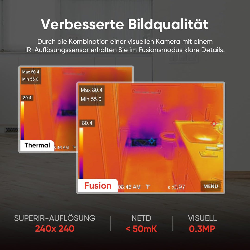 HIKMICRO E03 Kompakte Wärmebildkamera im Taschenformat 240 x 240 SuperIR-Auflösung mit visueller Kamera, 96 x 96 IR-Auflösung/9.216 Pixel, 25 Hz, 3,5" Touchscreen Wärmebildkamera, IP54, -20℃ bis 350℃