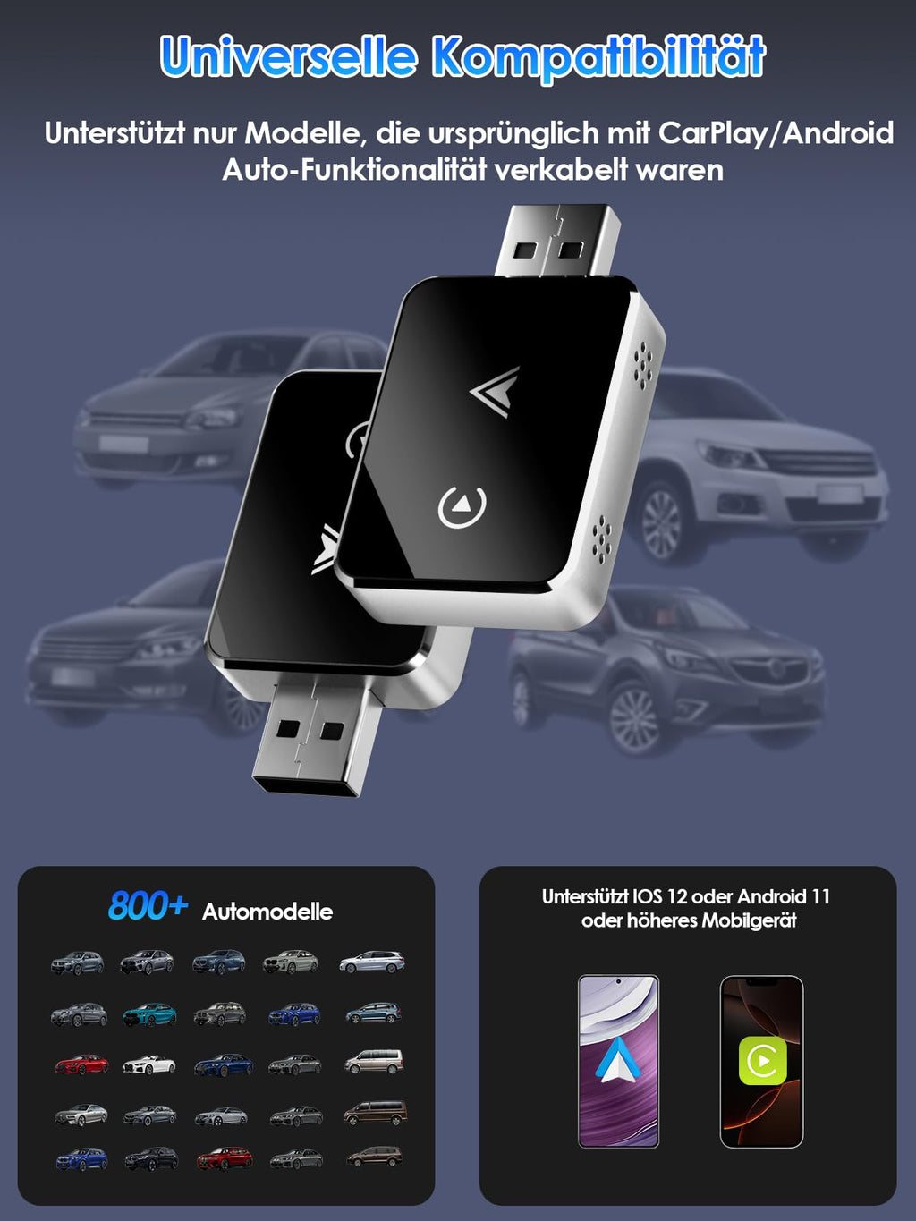 Wireless Adapter 2-in-1 für CarPlay/Android Auto, PARPAT Umwandlung von Kabelgebunden zu Kabellos mit USB/Type-C, Stabile Verbindung und Keine Verzögerung, Kompatibel mit iPhone/Android