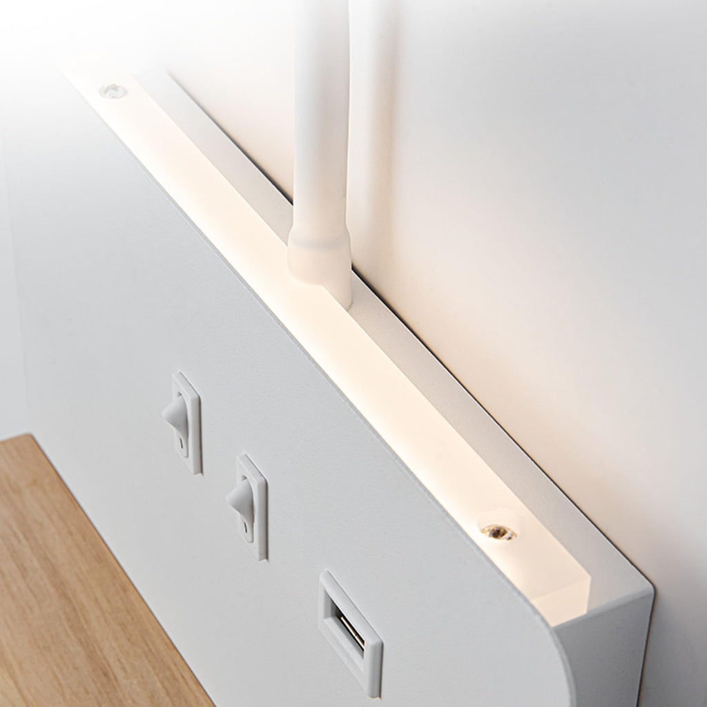 Weiß LED Innen Wandleuchte mit Stecker, Schlafzimmer Wandlampe mit USB-AnschlüSse und 10W Wireless Charger, Verstellbare und Flexible Schwanenhals Leselampe, 3000K Bettlampe mit Hintergrundbeleuchtung