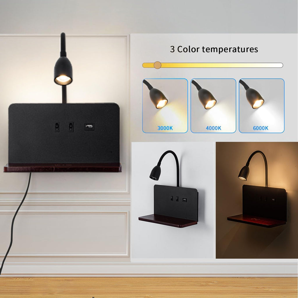 Weiß LED Innen Wandleuchte mit Stecker, Schlafzimmer Wandlampe mit USB-AnschlüSse und 10W Wireless Charger, Verstellbare und Flexible Schwanenhals Leselampe, 3000K Bettlampe mit Hintergrundbeleuchtung