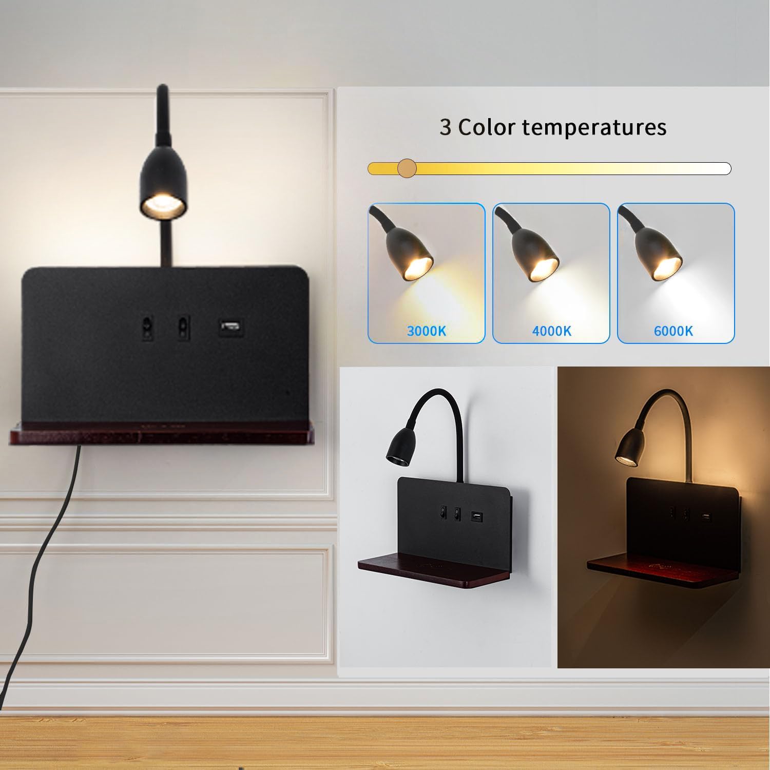 Weiß LED Innen Wandleuchte mit Stecker, Schlafzimmer Wandlampe mit USB-AnschlüSse und 10W Wireless Charger, Verstellbare und Flexible Schwanenhals Leselampe, 3000K Bettlampe mit Hintergrundbeleuchtung