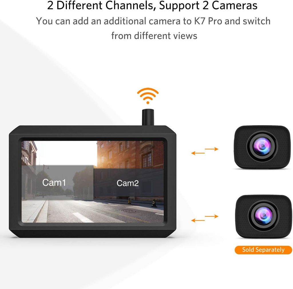 Digital Kabellos Rückfahrkamera Set K7PRO unterstützt 2 Kameras, Funk Rückfahrkameras mit Stabilem Signal, 5" HD Monitor, Drahtlose Rückfahrkamera mit IP68 Wasserdichter Kamera, Nachtsicht
