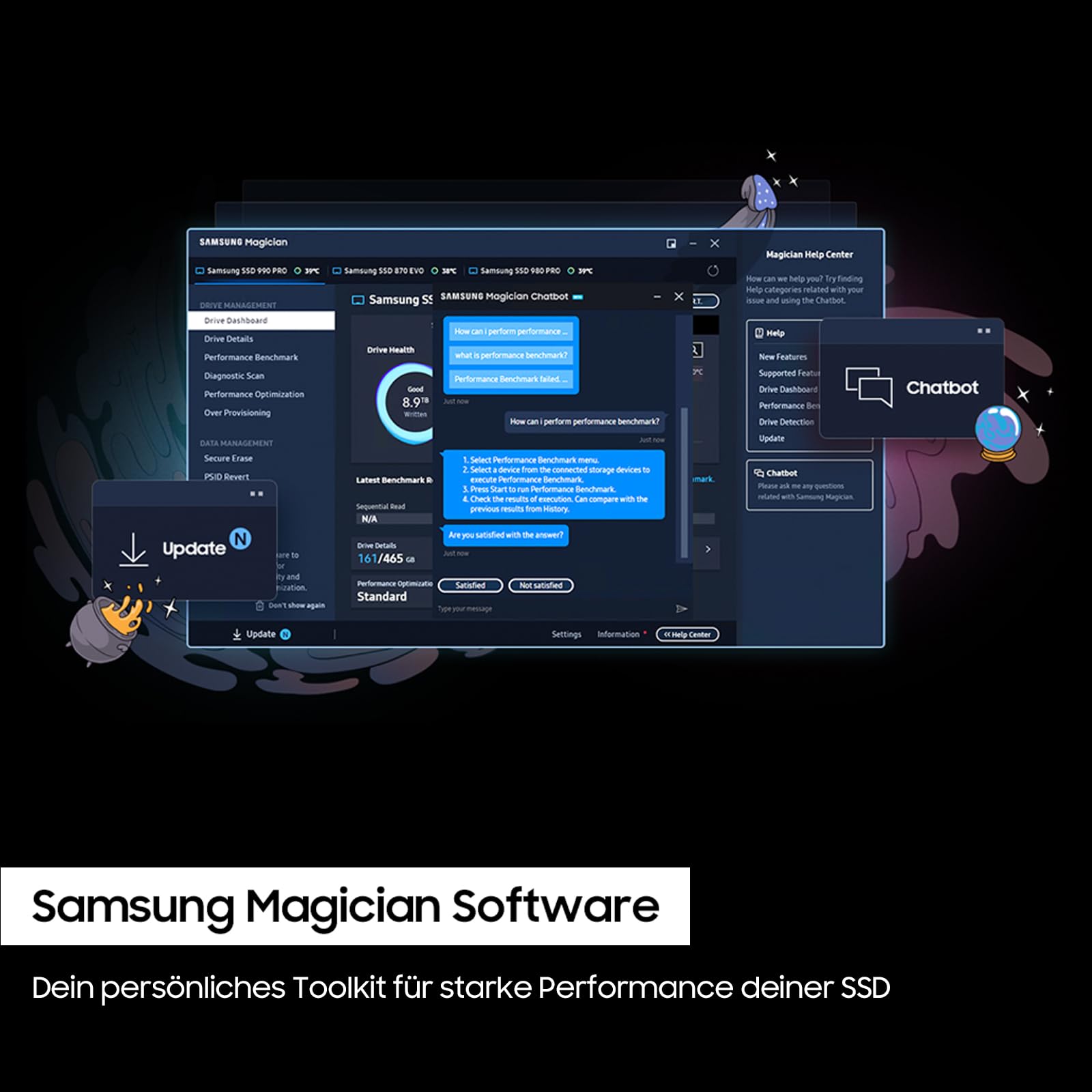 Samsung 990 PRO NVMe M.2 SSD, 2 TB, PCIe 4.0, 7.450 MB/s Lesen, 6.900 MB/s Schreiben, Interne SSD, Interne SSD für Gaming und Videobearbeitung, Schwarz, MZ-V9P2T0BW