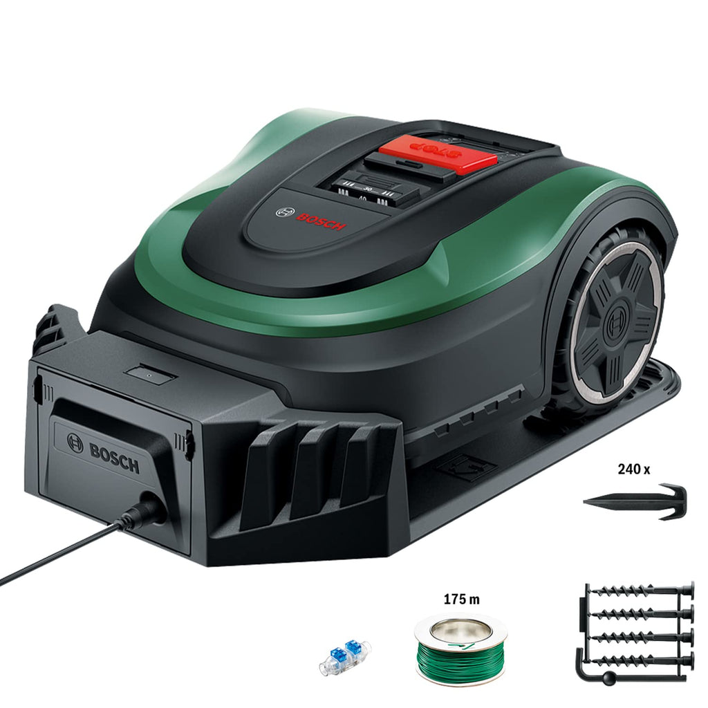 Bosch Home and Garden Indego XS 300 Robot Lawnmower (with Integrated 18 V Battery, Charging Station Included, Cutting Width 19 cm, for Lawns up to 300 m², in Box) Black, Green