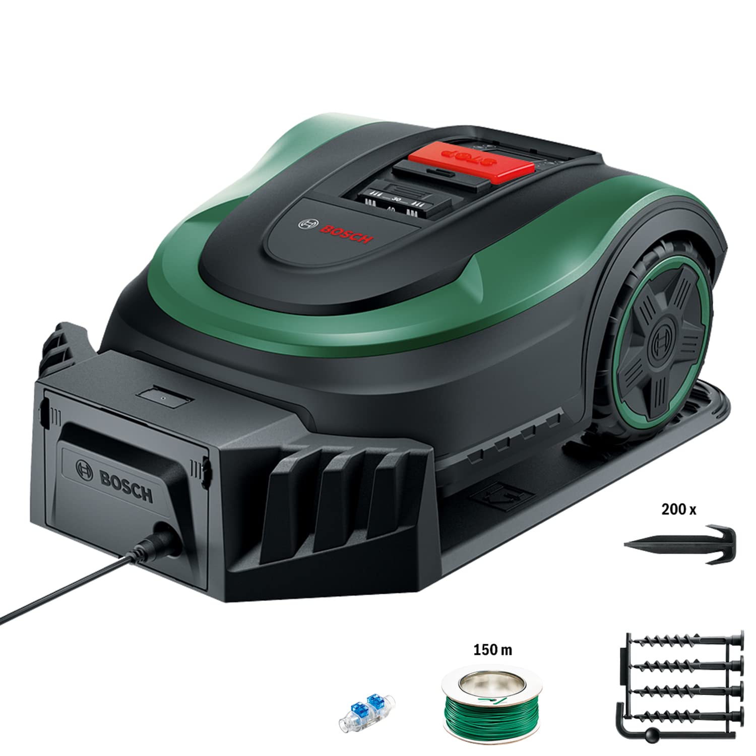 Bosch Home and Garden Indego XS 300 Robot Lawnmower (with Integrated 18 V Battery, Charging Station Included, Cutting Width 19 cm, for Lawns up to 300 m², in Box) Black, Green