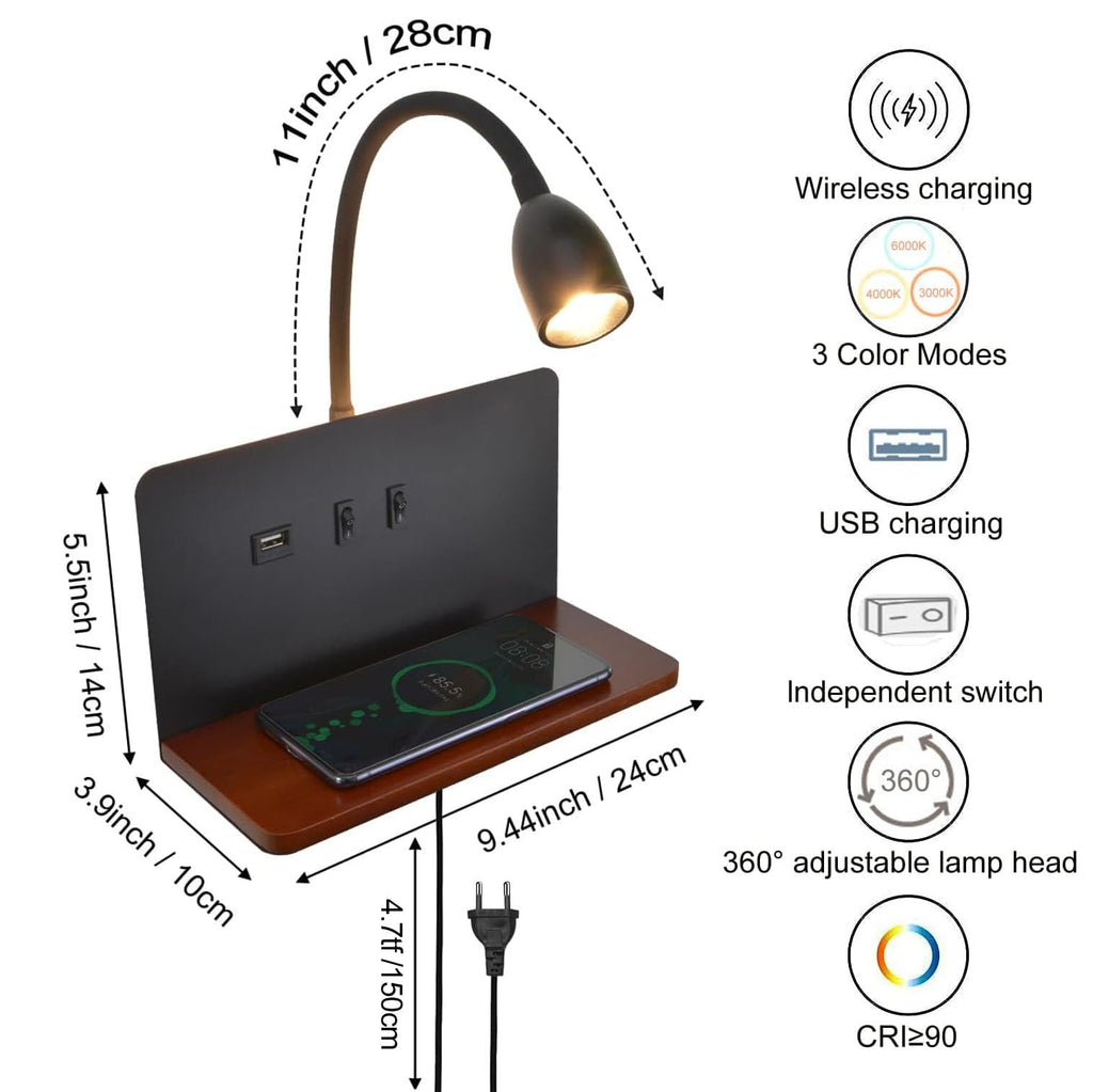 Weiß LED Innen Wandleuchte mit Stecker, Schlafzimmer Wandlampe mit USB-AnschlüSse und 10W Wireless Charger, Verstellbare und Flexible Schwanenhals Leselampe, 3000K Bettlampe mit Hintergrundbeleuchtung