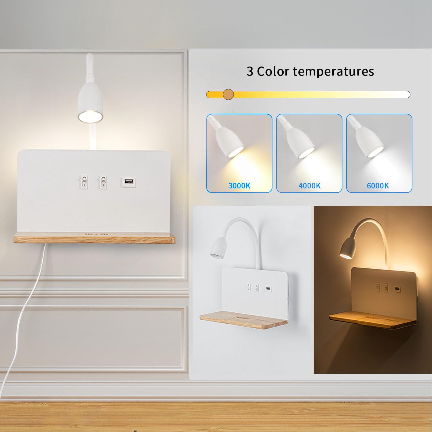 Weiß LED Innen Wandleuchte mit Stecker, Schlafzimmer Wandlampe mit USB-AnschlüSse und 10W Wireless Charger, Verstellbare und Flexible Schwanenhals Leselampe, 3000K Bettlampe mit Hintergrundbeleuchtung