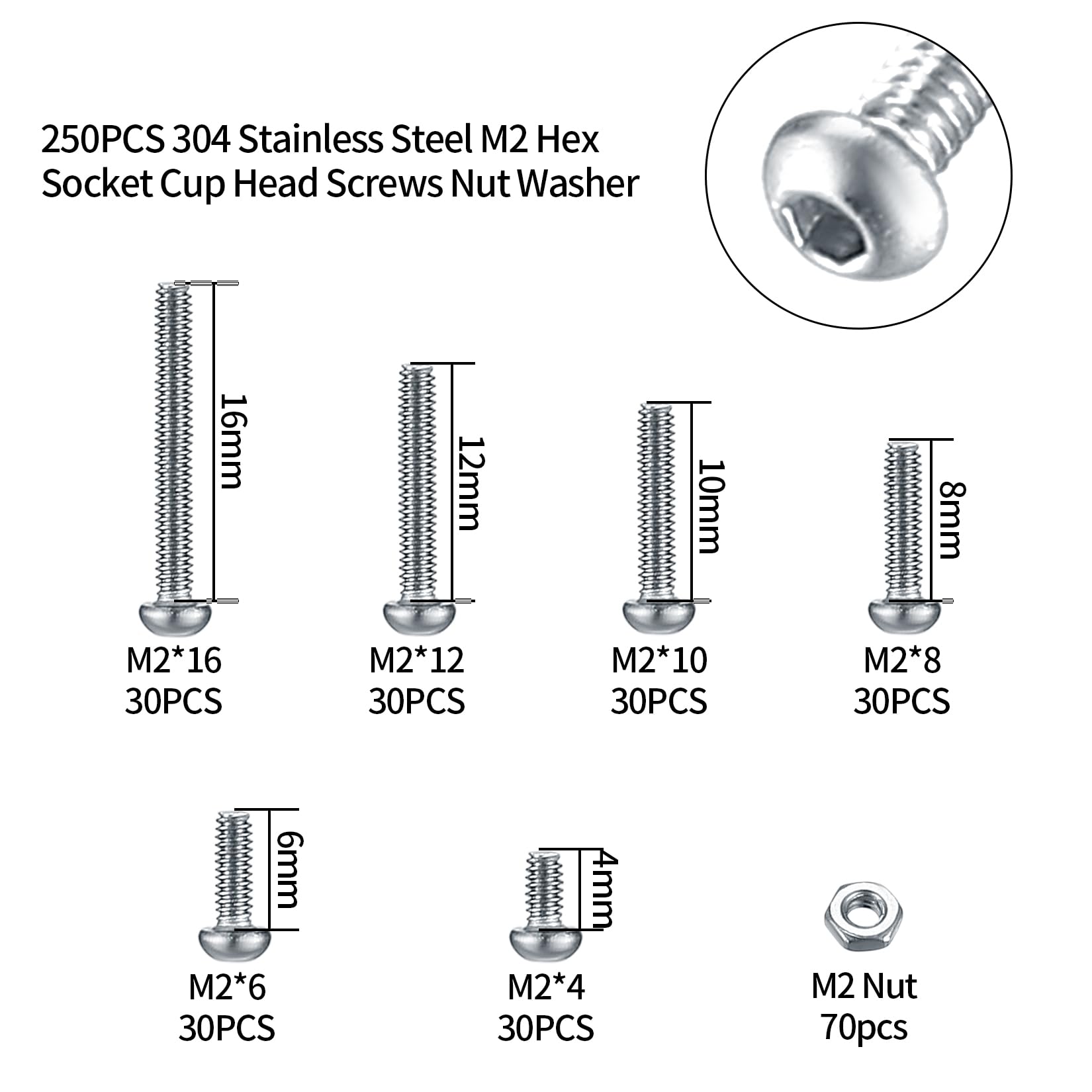 410 Stück M2 Senkkopf-Innensechskantschrauben, 10,9-Kohlenstoffstahl Vollgewinde-Maschinenschrauben, Muttern und Unterlegscheiben Sortiment mit Inbusschlüsseln