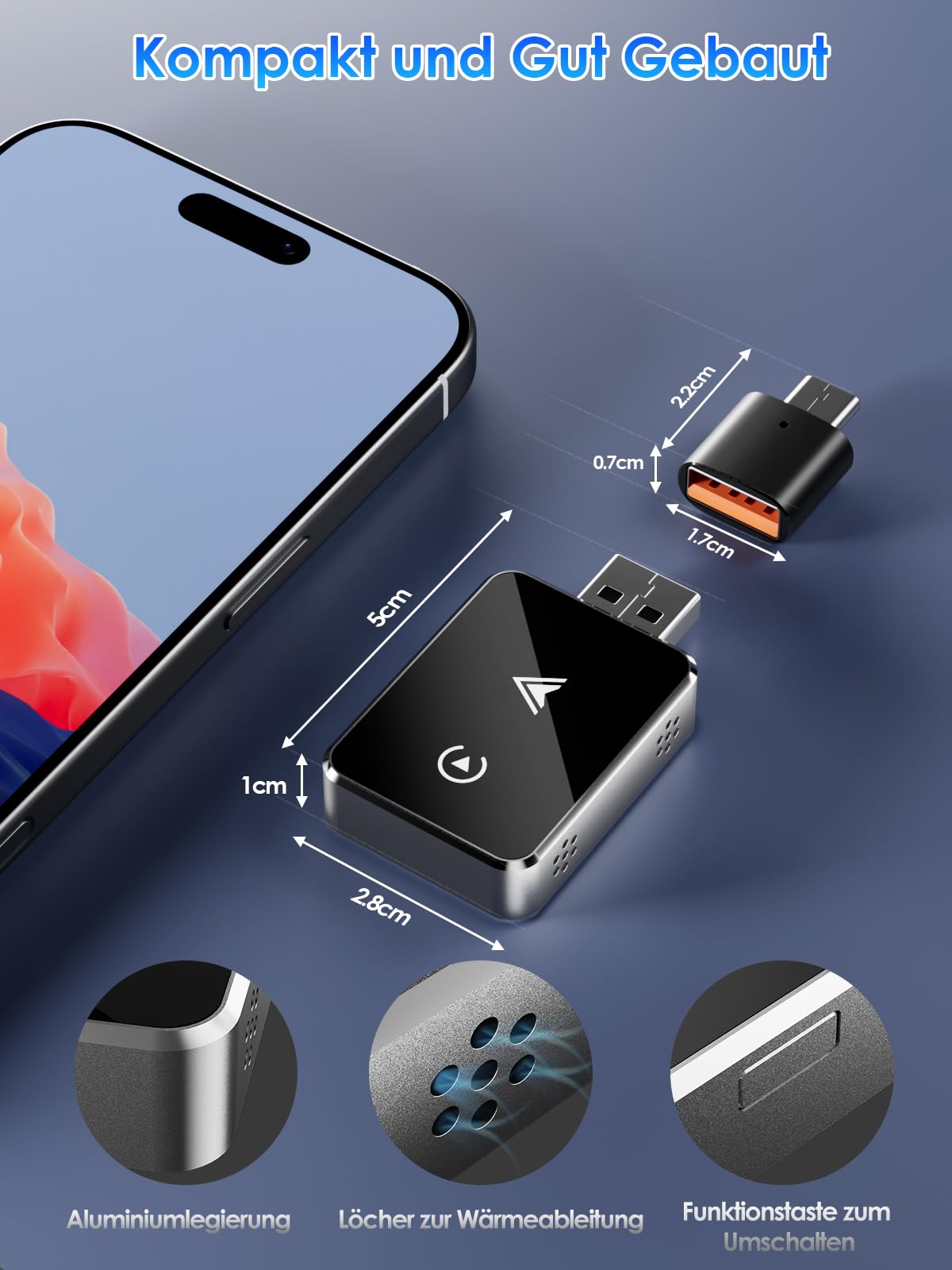 Wireless Adapter 2-in-1 für CarPlay/Android Auto, PARPAT Umwandlung von Kabelgebunden zu Kabellos mit USB/Type-C, Stabile Verbindung und Keine Verzögerung, Kompatibel mit iPhone/Android