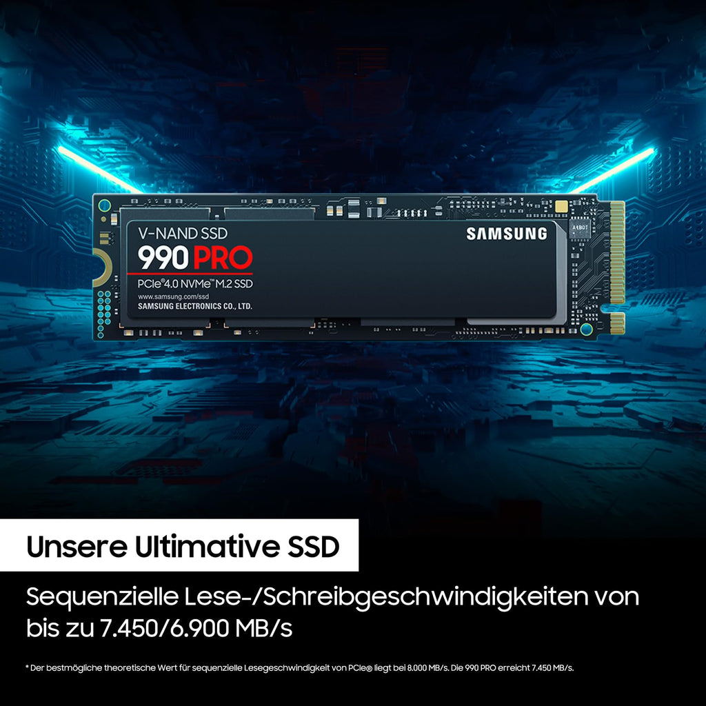 Samsung 990 PRO NVMe M.2 SSD, 2 TB, PCIe 4.0, 7.450 MB/s Lesen, 6.900 MB/s Schreiben, Interne SSD, Interne SSD für Gaming und Videobearbeitung, Schwarz, MZ-V9P2T0BW