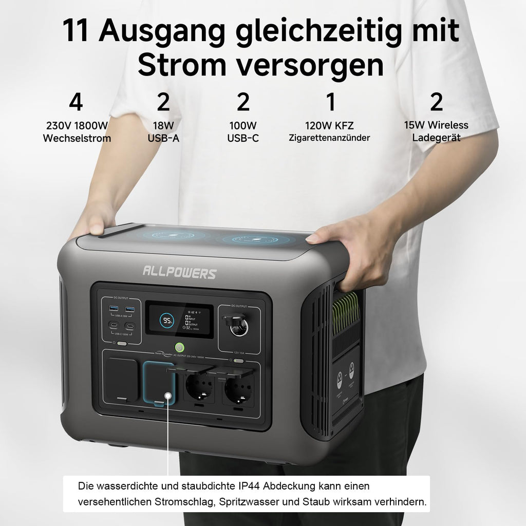ALLPOWERS R1500 Tragbare Powerstation mit 200W Solarpanel, 1152Wh LiFePO4 Batterie mit 1800W AC Ausgang Solargenerator, 43dB Leise Betrieb Mobile Notstromversorgung für Garten Reise Camping Wohnmobil