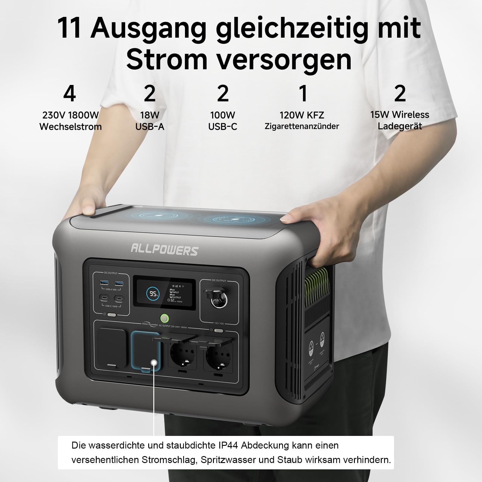 ALLPOWERS R1500 Tragbare Powerstation mit 200W Solarpanel, 1152Wh LiFePO4 Batterie mit 1800W AC Ausgang Solargenerator, 43dB Leise Betrieb Mobile Notstromversorgung für Garten Reise Camping Wohnmobil