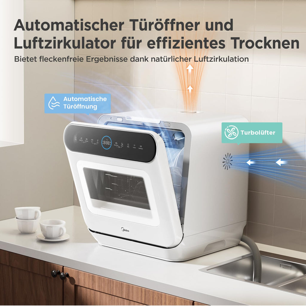 Midea ST 3.6F wi Tischgeschirrspüler, 6 Waschprogramme, Startzeitvorwahl, Extra Trockungs-Funktion, IOT-Steuerung, Mini Geschirrspüler, Ideal für Kleine Wohnungen, Weiß