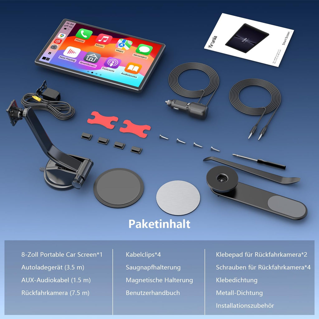Krunia 8'' Tragbares Carplay Display für Apple CarPlay & Android Auto, 1440x900 HD Display, Magnetische Halterung, OTA-Updates, Rückfahrkamera, Bluetooth, Sprachsteuerung, GPS-Navigation