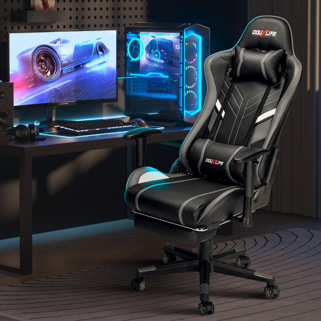 Douxlife Gaming Stuhl, mit 7 Punkt Massage, Fußstütze, Ergonomischer 180KG Bürostuhl, 90-175° Rückenlehne Einstellbar, Verstellbare Armlehne, Schreibtischstuh für Erwachsener, Schwarz Weiß