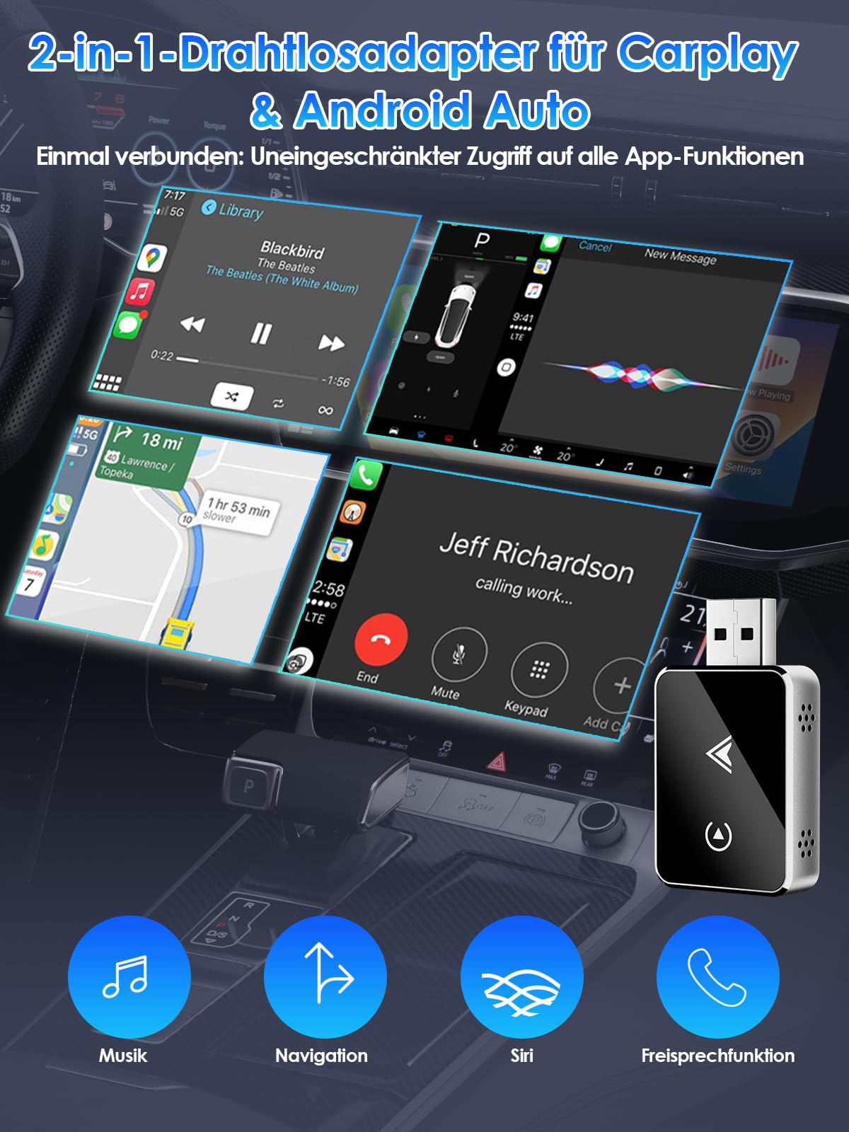 Wireless Adapter 2-in-1 für CarPlay/Android Auto, PARPAT Umwandlung von Kabelgebunden zu Kabellos mit USB/Type-C, Stabile Verbindung und Keine Verzögerung, Kompatibel mit iPhone/Android