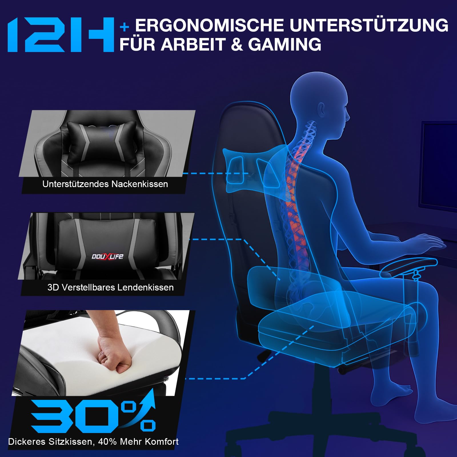 Douxlife Gaming Stuhl, mit 7 Punkt Massage, Fußstütze, Ergonomischer 180KG Bürostuhl, 90-175° Rückenlehne Einstellbar, Verstellbare Armlehne, Schreibtischstuh für Erwachsener, Schwarz Weiß