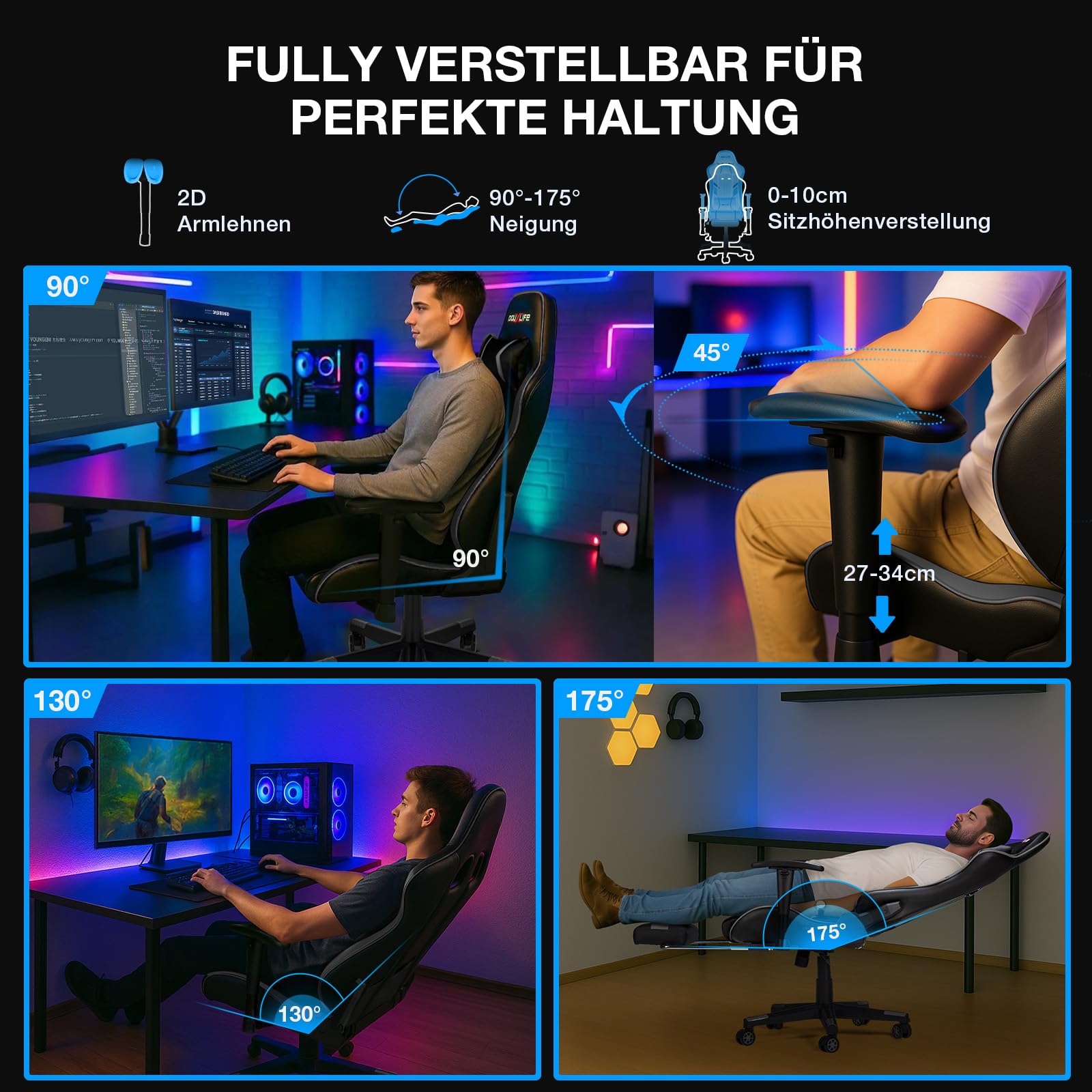 Douxlife Gaming Stuhl, mit 7 Punkt Massage, Fußstütze, Ergonomischer 180KG Bürostuhl, 90-175° Rückenlehne Einstellbar, Verstellbare Armlehne, Schreibtischstuh für Erwachsener, Schwarz Weiß