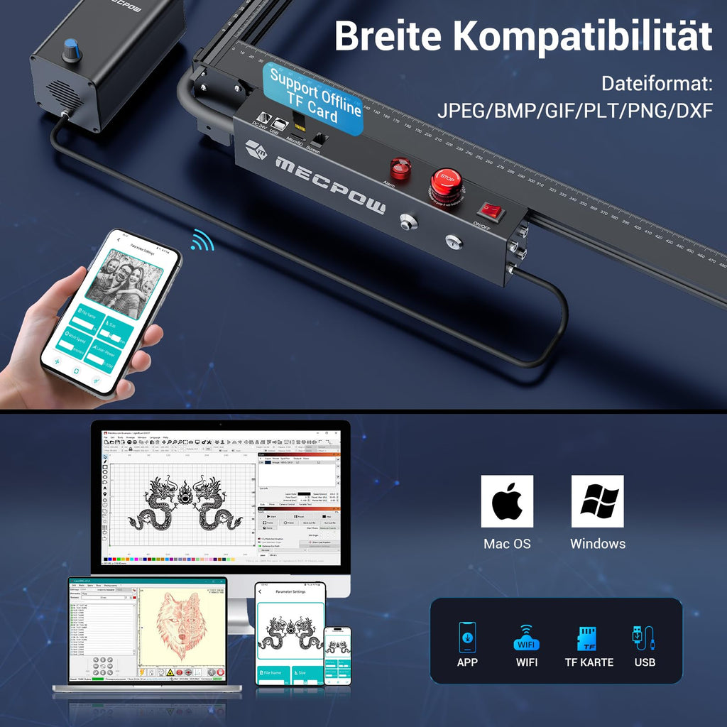 Mecpow X3 Pro Laser Graviermaschine mit Luftunterstützung, 10W Graviermaschine Laser Cutter für Holz und Metall, 60W CNC Fräsmaschine mit Not-Aus, Flammen- und Gyro-Erkennung, 410 x 400mm Fläche