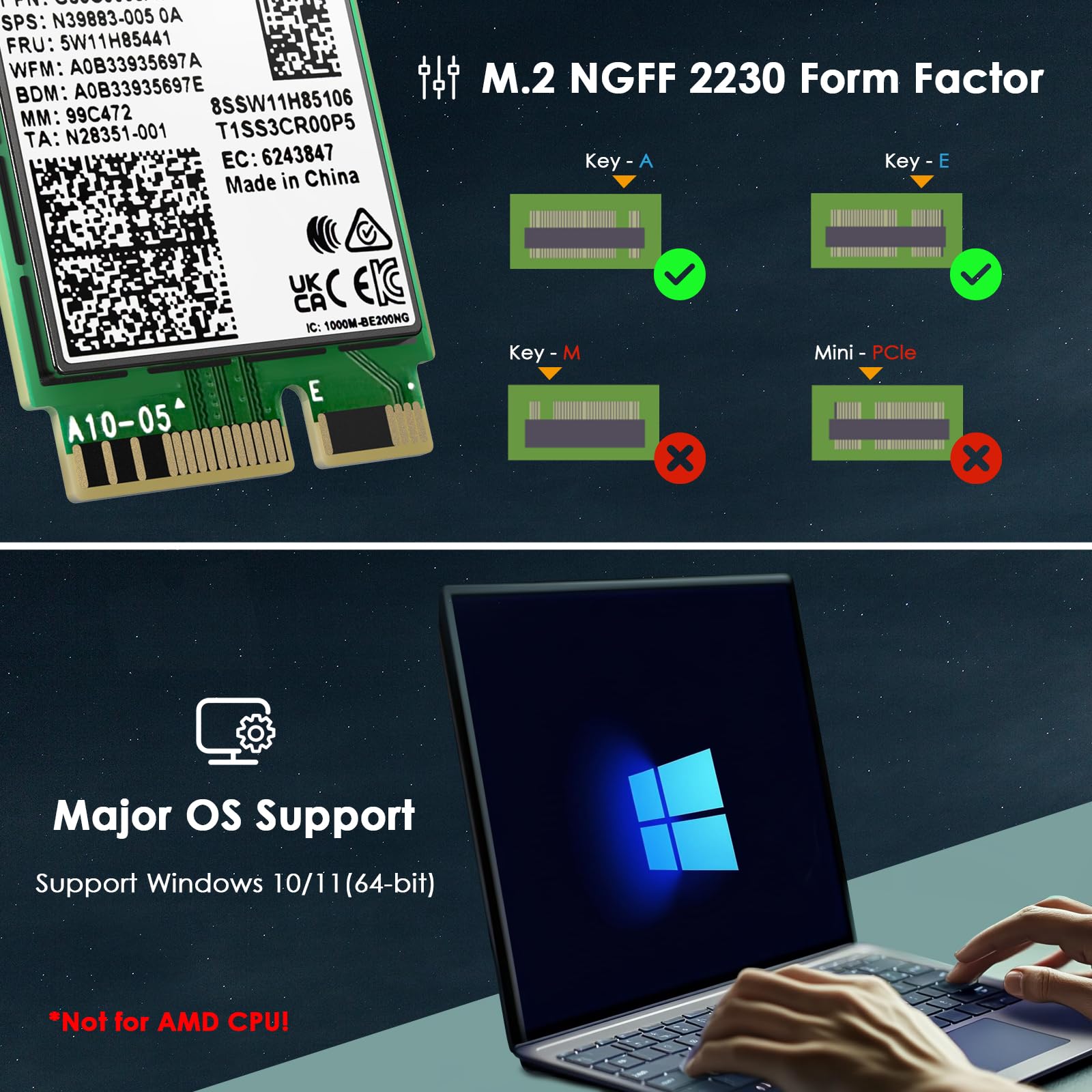 WAVLINK WiFi 7 PCIe Card BE8800 for Desktop PC, Tri-Band BE200 Wireless Adapter with Bluetooth 5.4, MU-MIMO, WPA3, for Windows 10/11 (64bit), Does Not Support AMD Motherboards