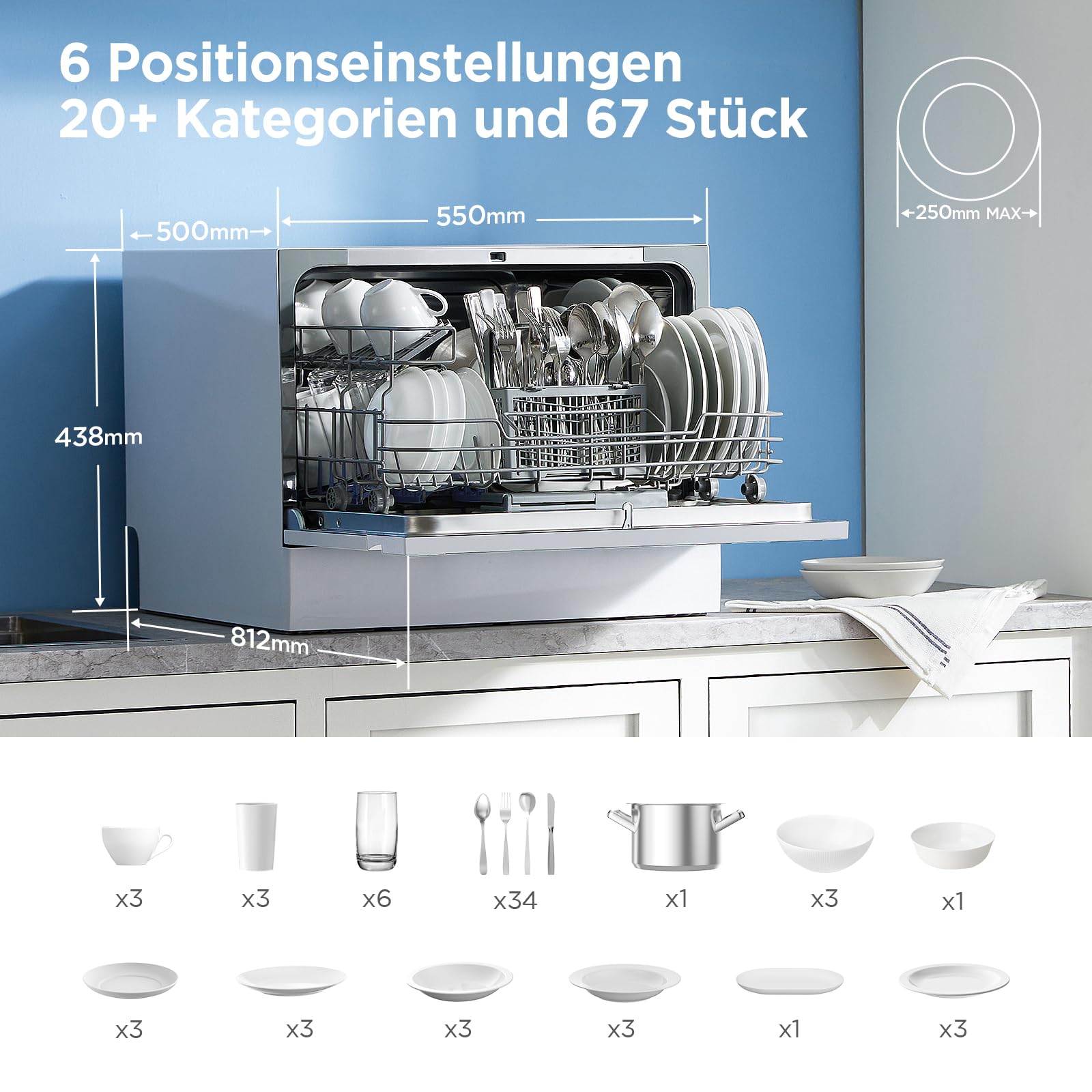 Midea ST 3.6F wi Tischgeschirrspüler, 6 Waschprogramme, Startzeitvorwahl, Extra Trockungs-Funktion, IOT-Steuerung, Mini Geschirrspüler, Ideal für Kleine Wohnungen, Weiß