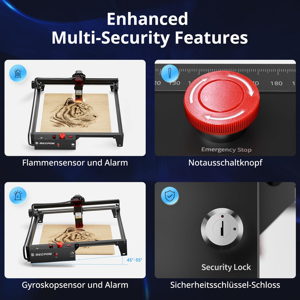 Mecpow X3 Pro Laser Graviermaschine mit Luftunterstützung, 10W Graviermaschine Laser Cutter für Holz und Metall, 60W CNC Fräsmaschine mit Not-Aus, Flammen- und Gyro-Erkennung, 410 x 400mm Fläche
