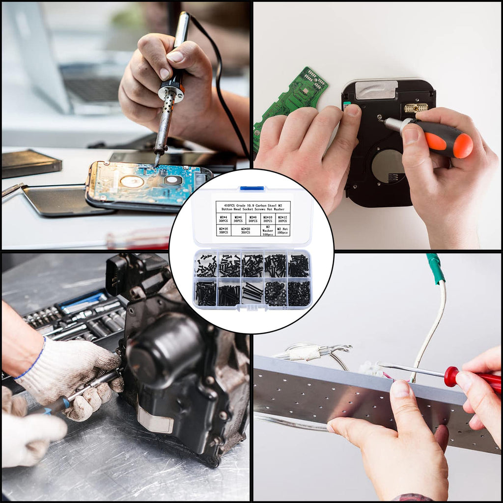 410 Stück M2 Senkkopf-Innensechskantschrauben, 10,9-Kohlenstoffstahl Vollgewinde-Maschinenschrauben, Muttern und Unterlegscheiben Sortiment mit Inbusschlüsseln