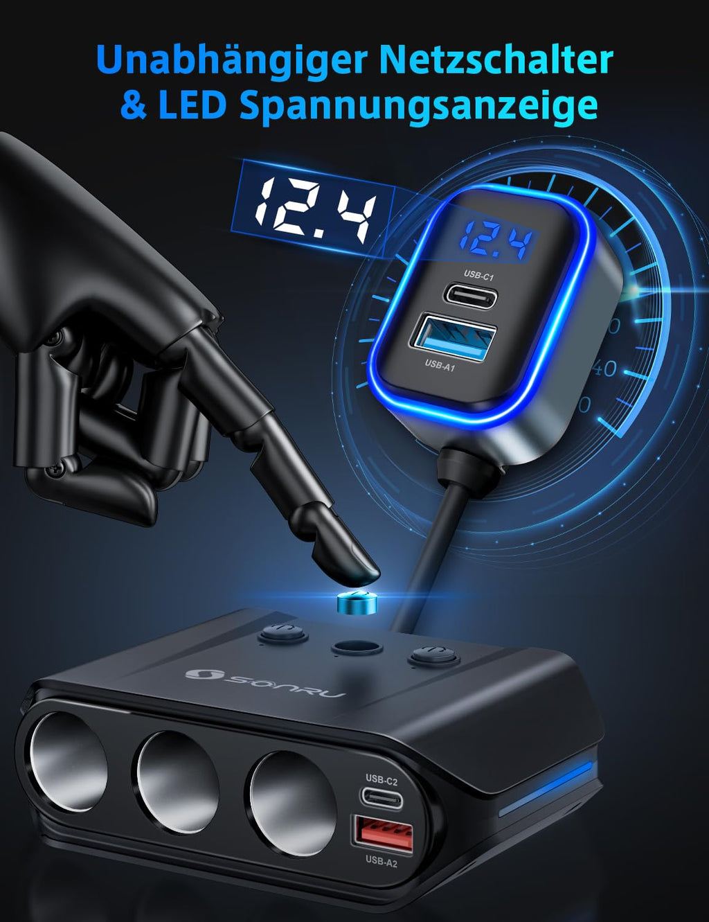 Zigarettenanzünder Verteiler 7 in 1, SONRU 180W Auto KFZ Ladegerät Adapter 12V/24V Stecker 3 Fach LED Voltmeter mit Separatem Schalter, Schnellladegerät 3 Steckdosen 4 USB Anschlüsse