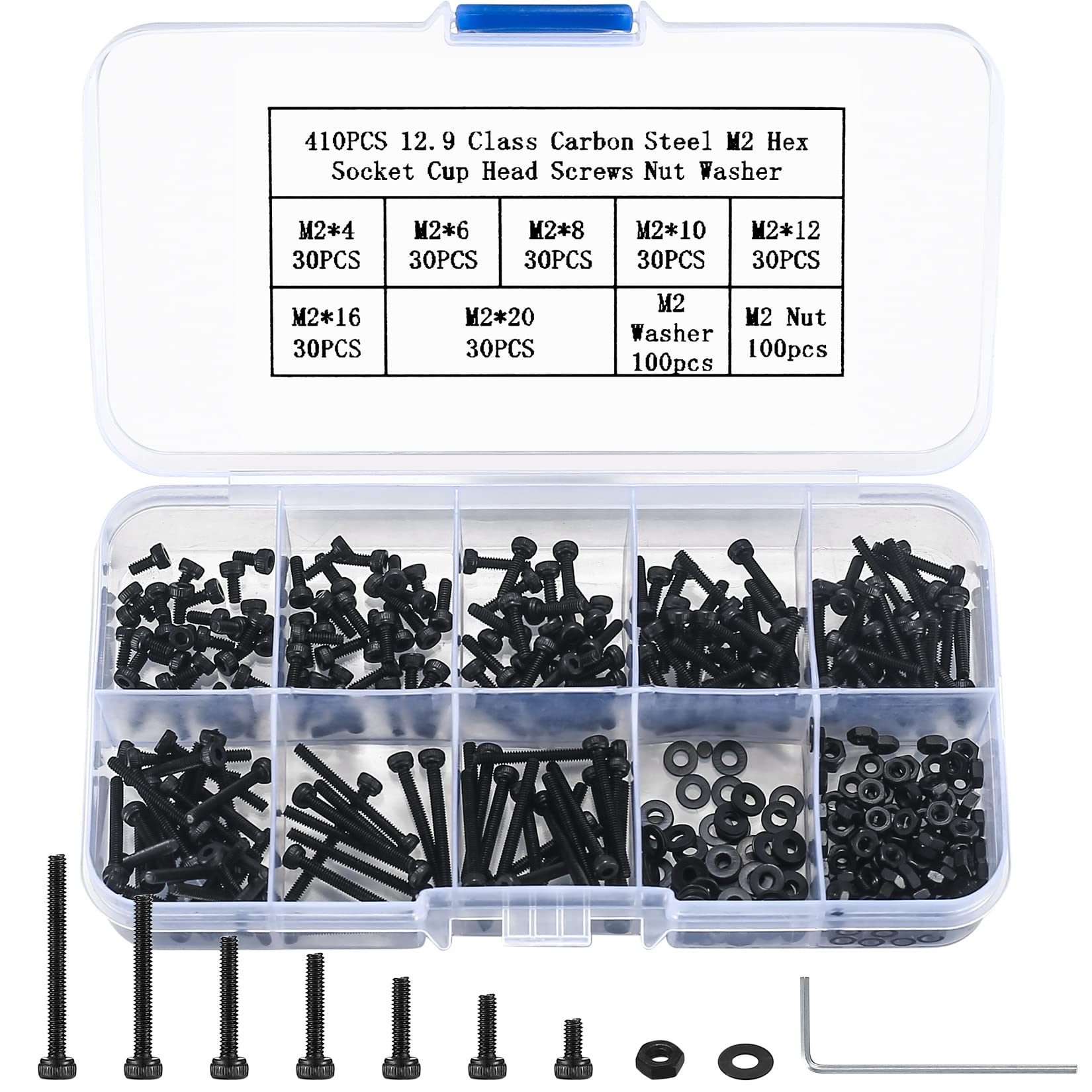 410 Stück M2 Senkkopf-Innensechskantschrauben, 10,9-Kohlenstoffstahl Vollgewinde-Maschinenschrauben, Muttern und Unterlegscheiben Sortiment mit Inbusschlüsseln