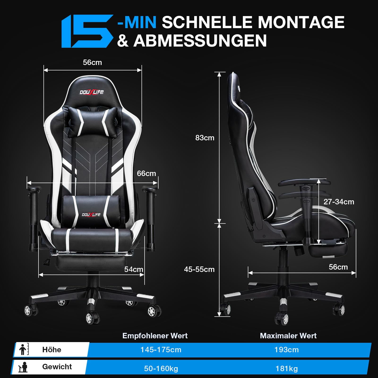 Douxlife Gaming Stuhl, mit 7 Punkt Massage, Fußstütze, Ergonomischer 180KG Bürostuhl, 90-175° Rückenlehne Einstellbar, Verstellbare Armlehne, Schreibtischstuh für Erwachsener, Schwarz Weiß